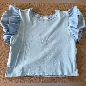 Zara Light Blue Ruffle Puff Sleeve Crop Top small summer spring blouse teen